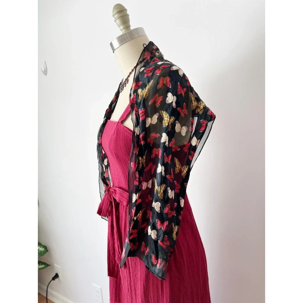 Echo Scarf Black Red Gold Butterfly Print 100% Silk Sheer Lightweight